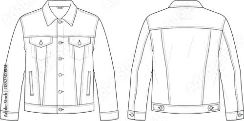 Men denim jacket technical drawing, front back view line art flat vector apparel template fashion design cad illustration