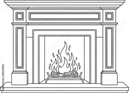 Fireplace line art drawing, burning logs, hearth, mantelpiece, home heating, cozy interior design element, traditional architecture outline