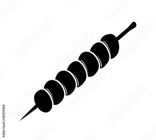 A simple black and white illustration of a meat skewer with multiple rounded pieces on a stick