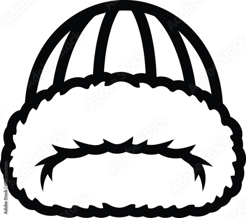 Black and white icon of a fuzzy winter hat, papakha, russian fur hat, astrakhan headwear, warm clothing symbol