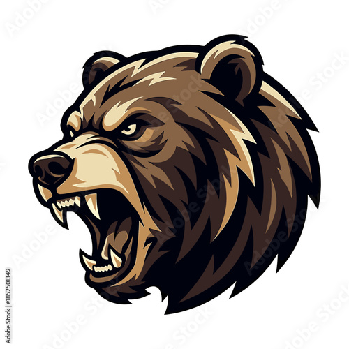 Illustration of a brown bear's head with an open mouth and sharp teeth on a white background.