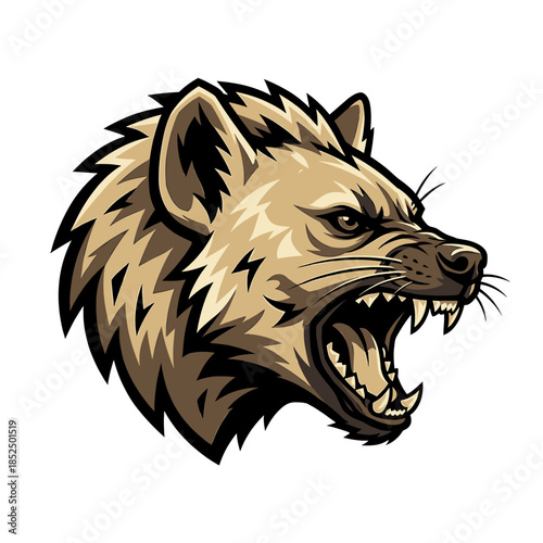 A fierce cartoon hyena head with sharp teeth and fur, in a snapping position, against a clean white background.