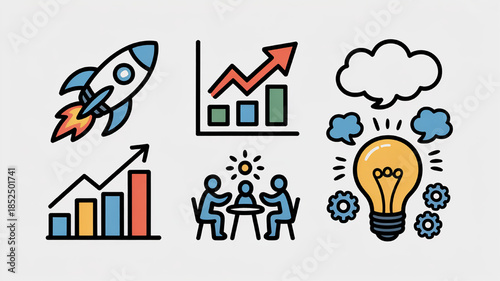 Collection of startup and business growth icons including rocket charts team meeting and lightbulb idea for web and presentation design