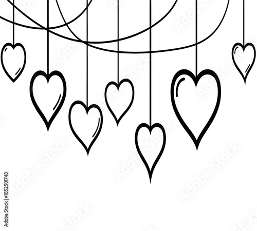 A collection of delicate black heart shapes suspended by thin lines creating a whimsical loving atmosphere