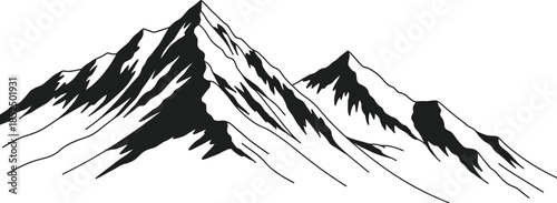 Black and white mountain range illustration, snowy peaks, minimal graphic design, high altitude nature sketch