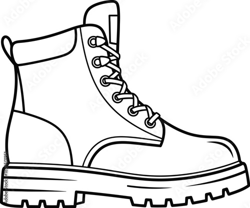 Black and white outline drawing of a heavy duty lace up combat style boot with thick sole
