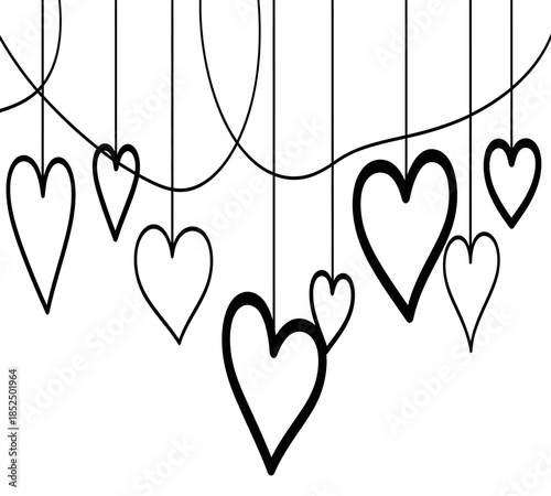 A delicate black and white illustration of hanging hearts connected by a string creating a romantic garland