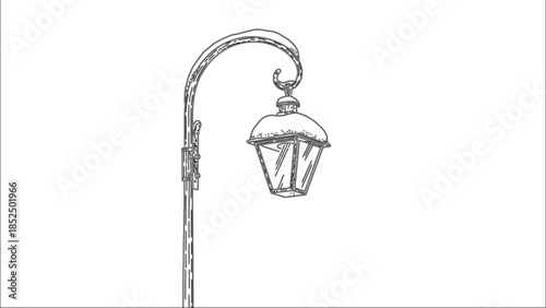 Black and white sketch of an antique street lamp post, vintage outdoor lighting fixture illustration