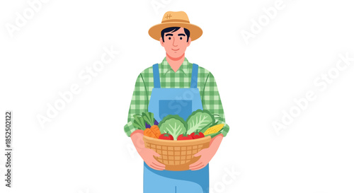 Farmer holding a basket full of fresh vegetables and fruits.