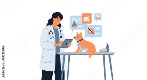 Female veterinarian examining a dog in a clinic.