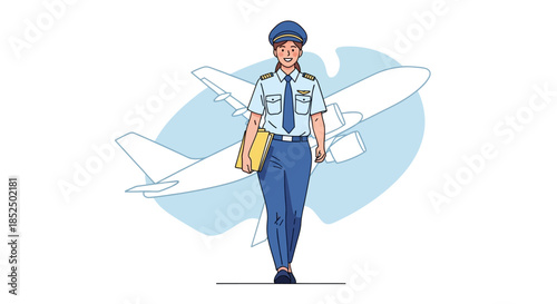 Female Pilot in Uniform Standing Confidently.