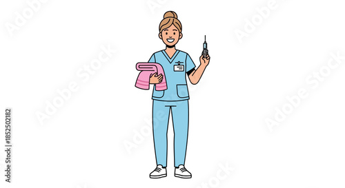 Female Veterinarian in Scrubs Holding Medical Tools and Towel.