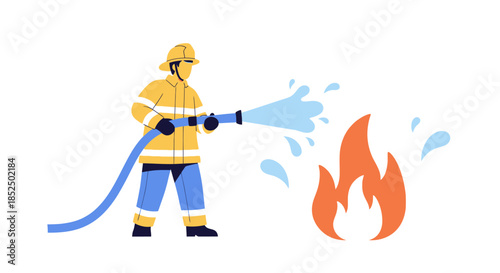 Firefighter bravely battling a dangerous blaze with a powerful water stream.