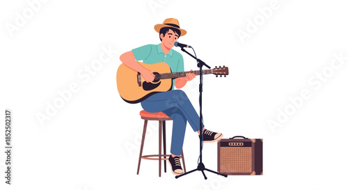 Male musician playing acoustic guitar and singing into microphone on stage.