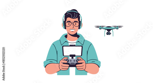 Man Controlling Drone with Remote and Tablet.