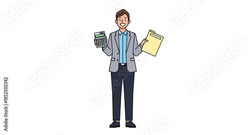 Man in Suit Holding Calculator and Document.