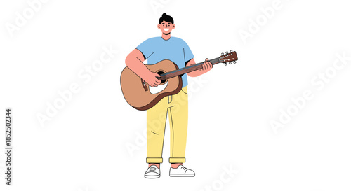 Man Playing Acoustic Guitar with Enthusiasm.