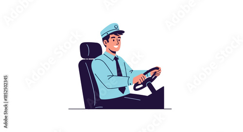 Man in uniform driving a car with a smile.