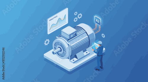 Isometric AI-Powered Motor Analysis: Engineer Inspecting Electric Motor with Analytics Dashboard for Predictive Maintenance and Smart Factory Solutions
