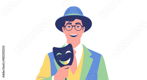 Man wearing a hat and glasses holding a comedy mask.