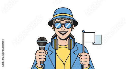 Man with microphone and flag ready for action.