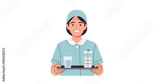 Nurse holding a tray with medical supplies and water.
