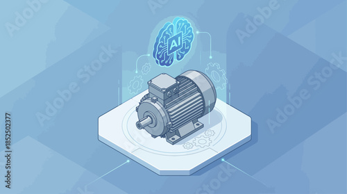 Isometric electric motor controlled by AI brain. Industry 4.0 concept with gears and machine learning on light blue background.