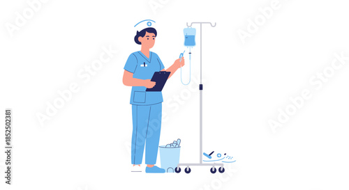 Nurse Administering IV Drip with Clipboard.