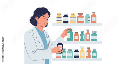 Pharmacist Carefully Arranging Medicine Bottles on Shelves.