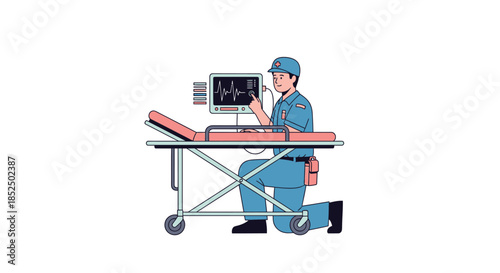 Paramedic Operating Medical Equipment on Stretcher.