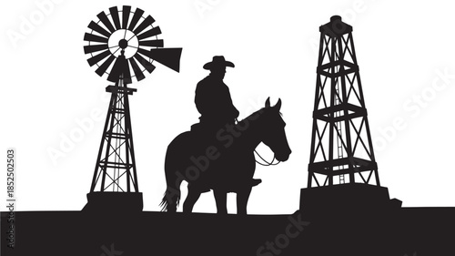 Cowboy Riding Horse between Windmill and Oil Rig