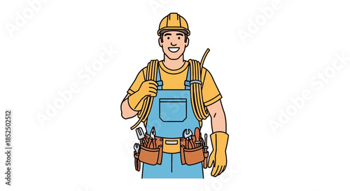 Skilled Electrician Worker with Tools and Wires Ready for Work.