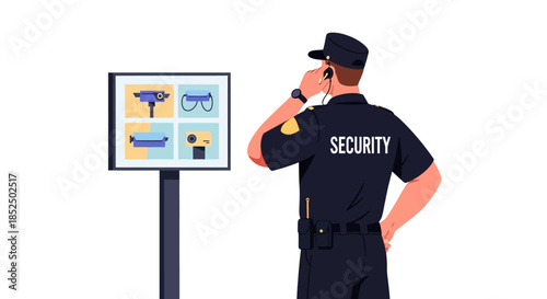 Security guard monitoring surveillance cameras for safety and protection.