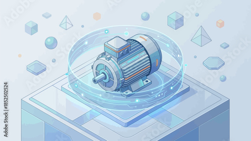Isometric Electric Motor Illustration: Energy Efficiency and Sustainable Technology Concept for Industry and Manufacturing Presentations