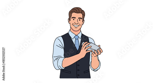 Smiling Bartender Shaking Cocktail Mixer with Confidence and Professionalism.