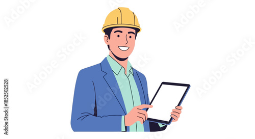 Smiling architect wearing a yellow hard hat and blue suit holding a tablet.