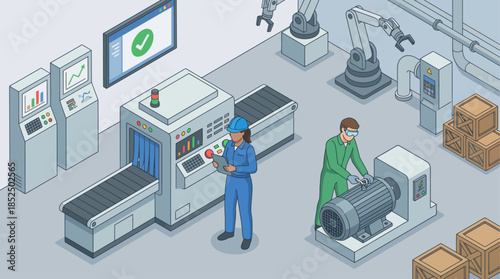 Isometric factory scene: Manufacturing engineers oversee automated production line, robotics and quality control in a modern industrial setting.