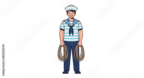 A Smiling Sailor in Uniform Holding Two Coils of Rope.