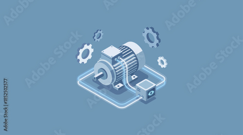 Isometric Electric Motor & Gears Illustration for Manufacturing, Automation and Engineering Solutions, Industrial Technology Design