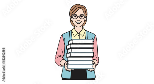 A smiling woman wearing glasses and a cardigan holds a stack of books.