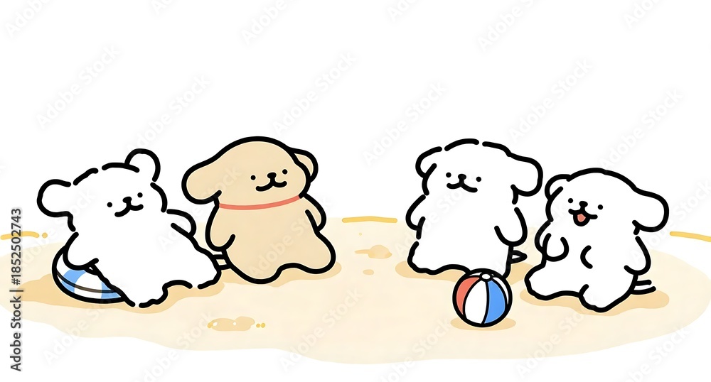 Obraz premium 海辺でビーチボールを囲んで楽しむ可愛いキャラクターたちの夏休み