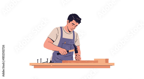 Carpenter working with hammer and nails on wooden planks.