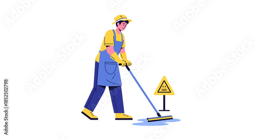 Cleaner Mopping Floor with Wet Floor Sign Nearby.