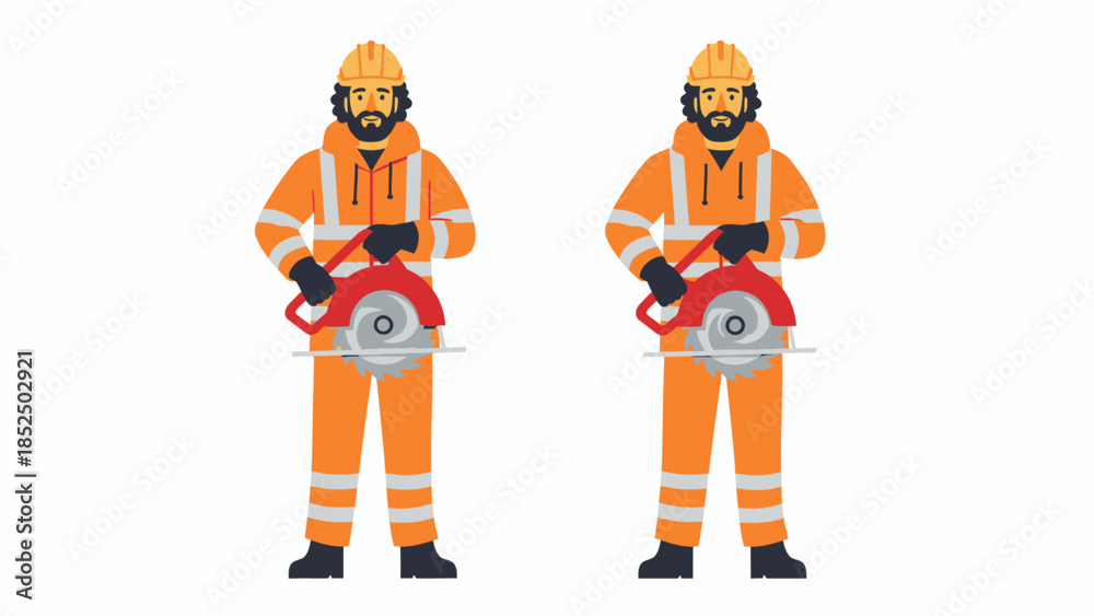 Obraz premium Two workers in orange uniforms operating chainsaws on a white background