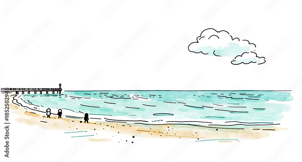 Fototapeta premium 青い海と桟橋が広がる開放的な夏のビーチ風景イラスト