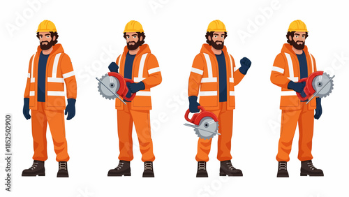 Construction workers in orange safety gear holding power tools on a white background