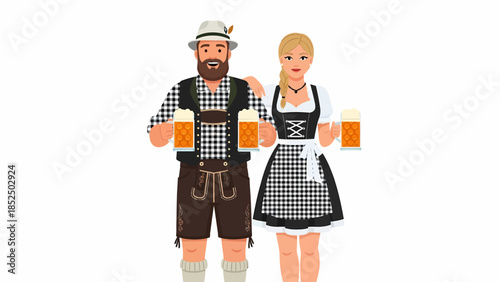 Man and woman in traditional Bavarian attire toasting with beer mugs
