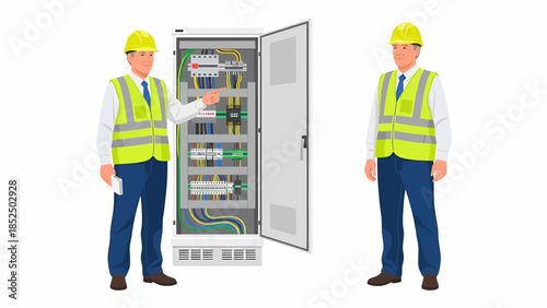 Technicians inspecting electrical control panel with visible circuitry and wiring inside industrial equipment cabinet