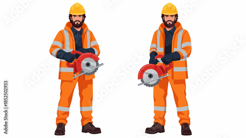 Construction workers in orange safety gear holding red power saws standing on white background