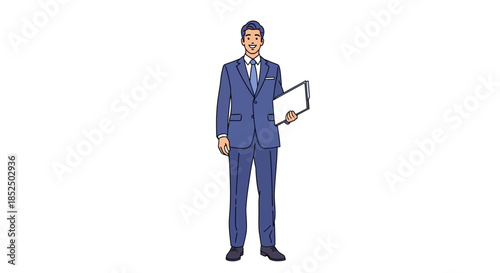 Confident businessman in blue suit holding a document.
